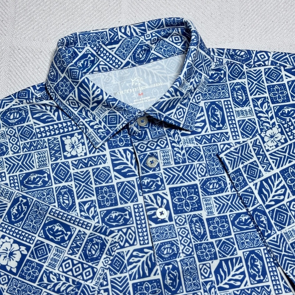 Southern Tide Polo Shirt Mens Medium Performance Geometric Tropical Tile Blue